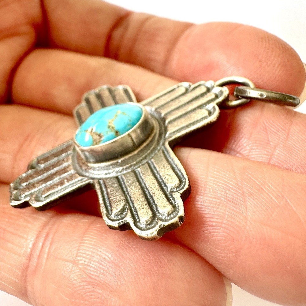 Navajo Zia Symbol Pendant Turquoise 1.75in NM Signed K Billah Sterling Native - Picture 2 of 5